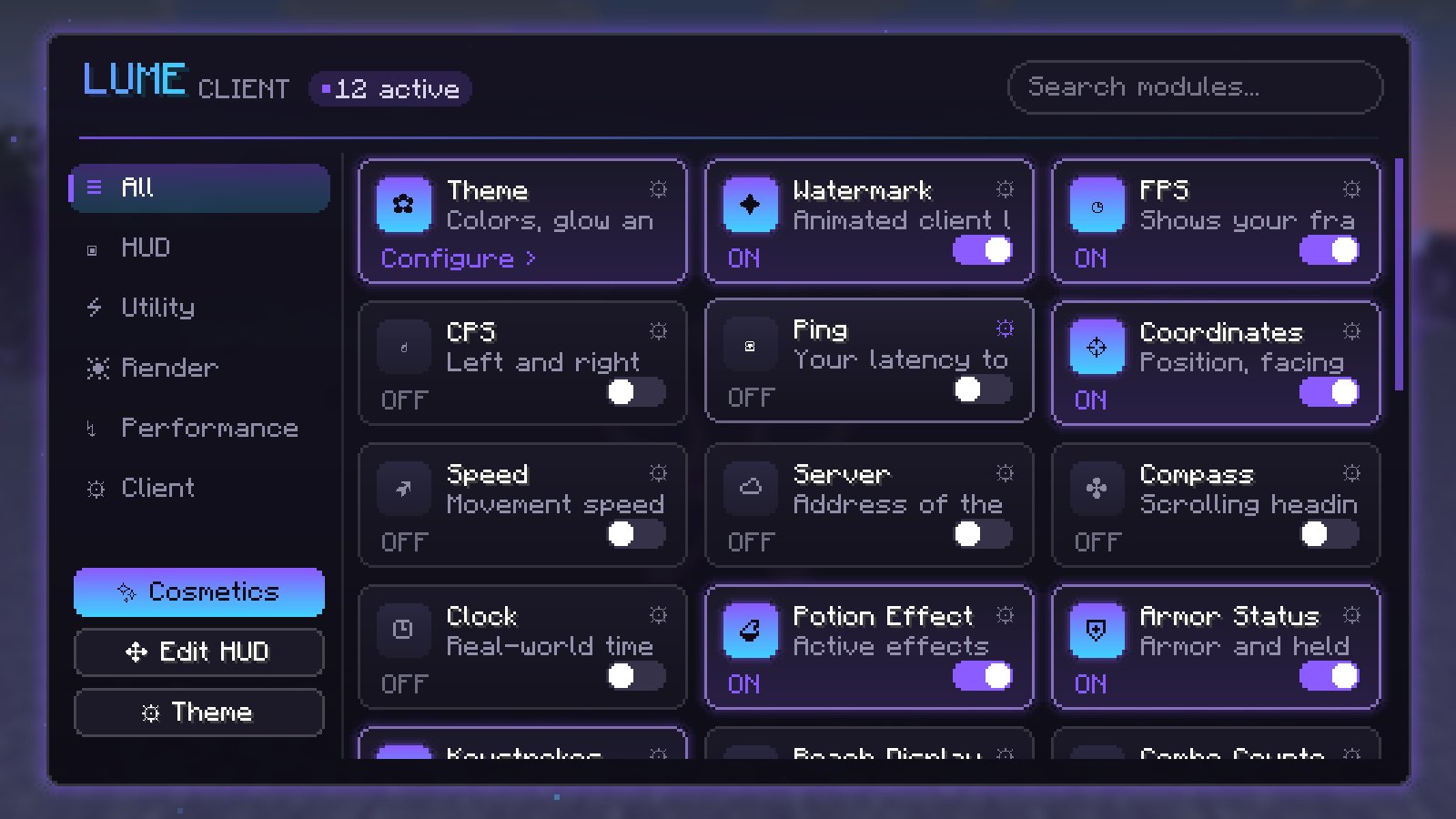 The LumeClient mod menu with module toggles