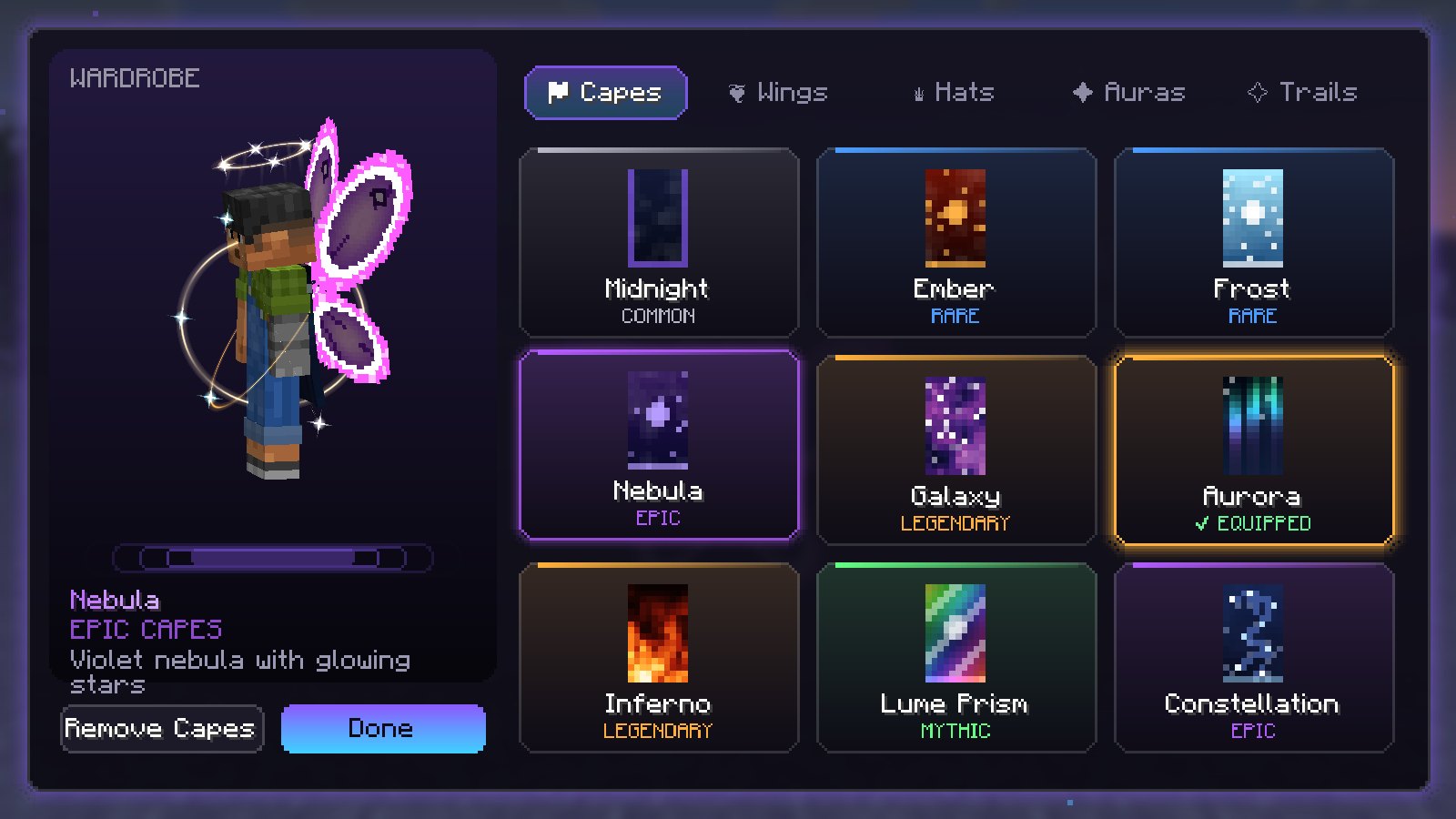 The in-game LumeClient wardrobe showing capes